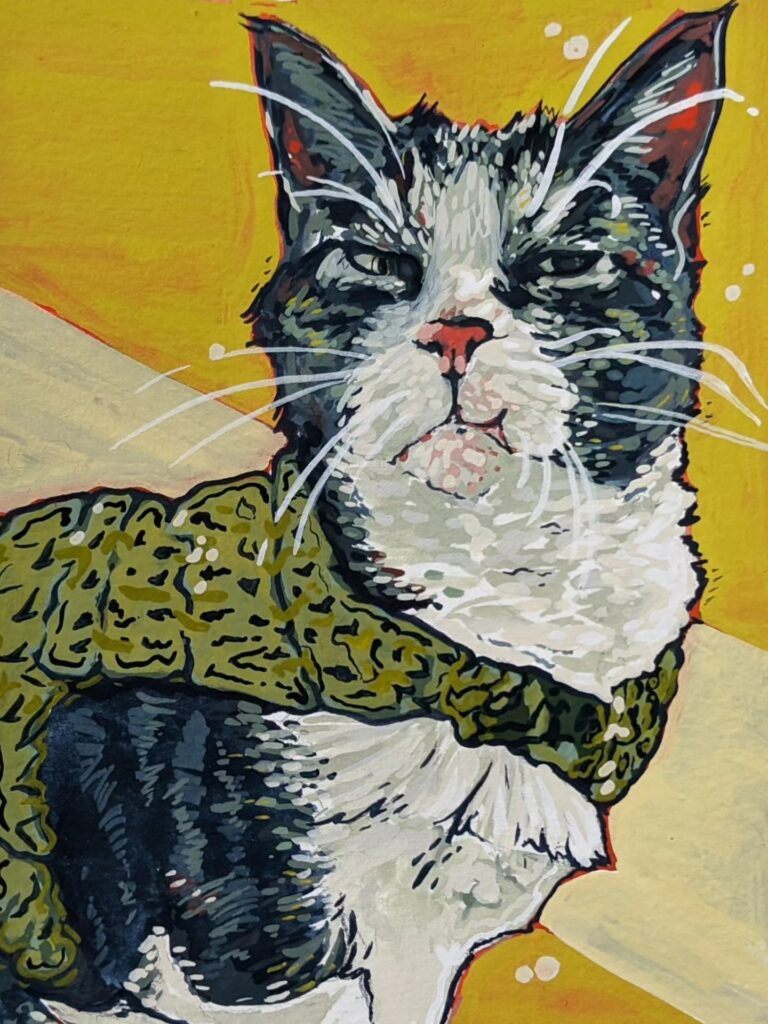 Custom pet portrait commission featuring a grey and white tabby cat wearing a green crochet vest against a vibrant yellow background.