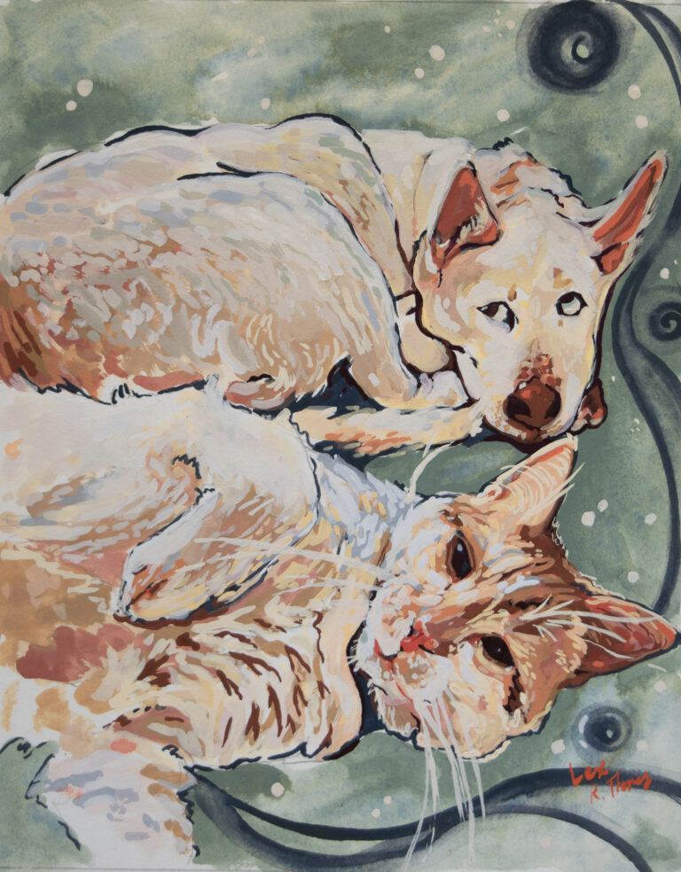 Custom portrait commission double pet painting showing two pale yellow and white pets ( a dog and cat ) against a muted light blue wavy background in gouache.