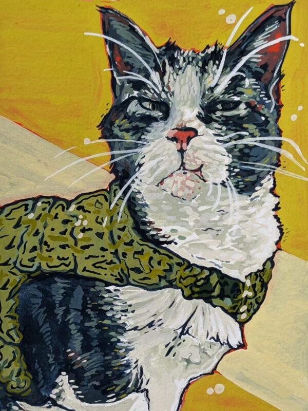 Custom pet portrait commission featuring a grey and white tabby cat wearing a green crochet vest against a vibrant yellow background.