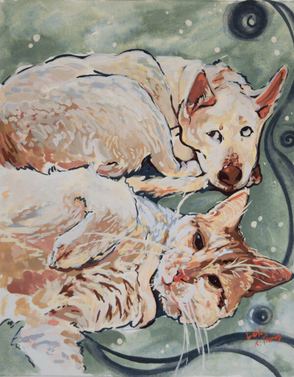 Custom portrait commission double pet painting showing two pale yellow and white pets ( a dog and cat ) against a muted light blue wavy background in gouache.