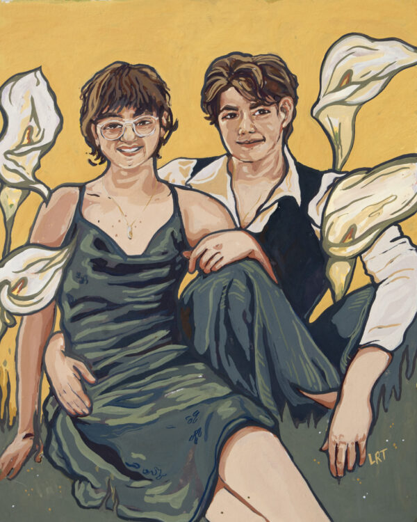 Custom portrait commission featuring a young couple in an embrace surrounded by lilies in a gold and muted blue color scheme.