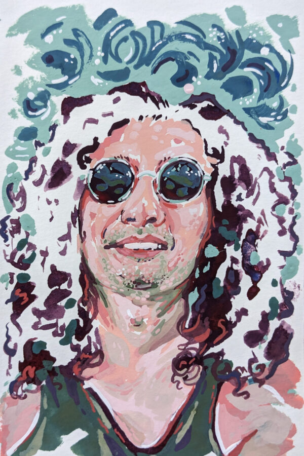 Stylized custom portrait painting of man with long curly hair and sunglasses against a background of blue swirls in gouache.