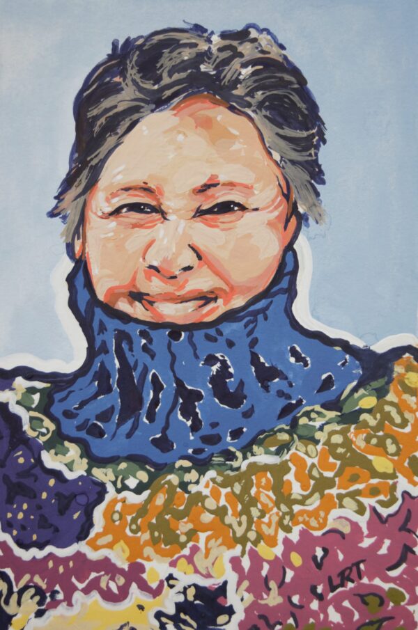 A vibrant gouache painting of a mature women smiling wearing chunky multicolored crohet top against a pale blue background.